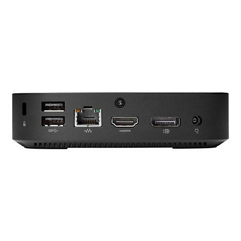 Draufsicht auf einen kleinen schwarzen Computer mit verschiedenen Anschlüssen: USB, LAN, HDMI, USB-C, Stromanschluss.