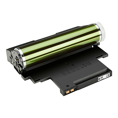 Gros plan d'une cartouche de toner HP noire avec un cylindre vert. Des symboles et l'inscription 120A sont visibles sur la base noire.
