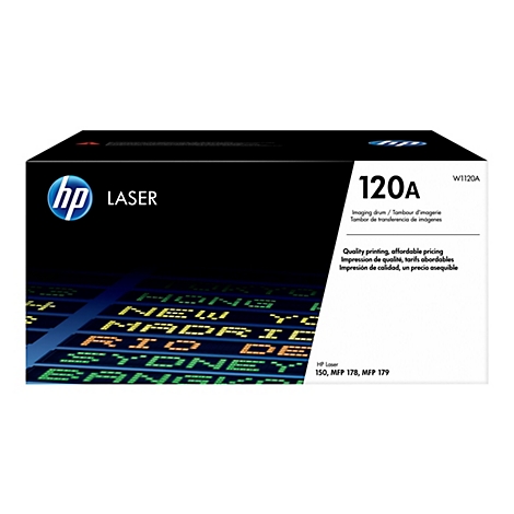 Une cartouche de tambour laser HP avec le texte 120A, le logo HP et le texte : Quality printing, affordable pricing.