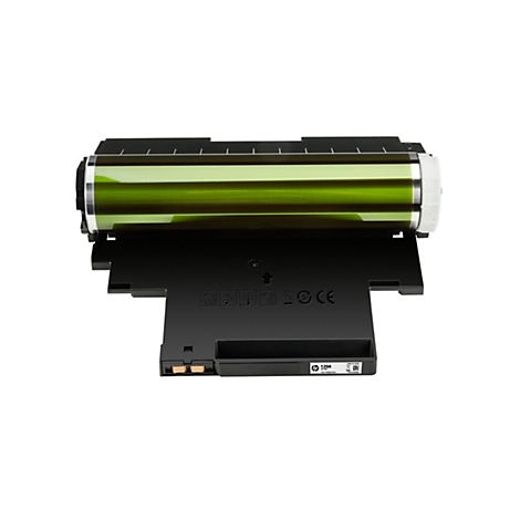 Tambour laser noir et vert sur fond blanc. Il y a des signes et un logo HP sur le tambour.