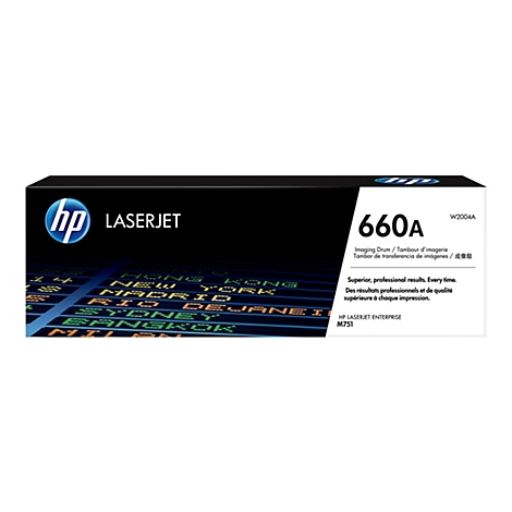 Toner HP Laserjet 660A noir, avec logo et informations sur le produit, sur un fond avec des noms de villes internationales.