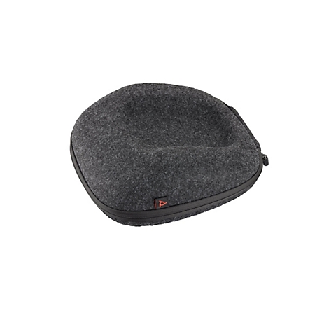 Graue, ovale Hülle für Kopfhörer. Reißverschluss und rotes Logo auf der Vorderseite.