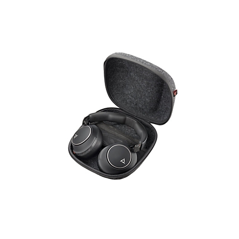 Schwarzer Kopfhörer in einer grauen, offenen Hülle. Auf den Ohrmuscheln ist das Logo zu sehen.