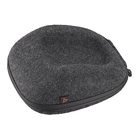 Graue Kopfhörertasche mit Reißverschluss, kleinem roten Logo. Detaillierte Textur.