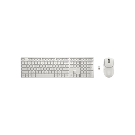 HP Tastatur und Maus in Weiß auf weißem Hintergrund mit USB-Empfänger.