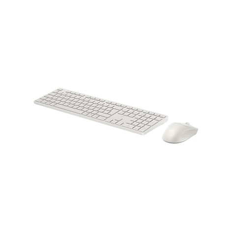 Ein weißes HP-Tastatur- und Maus-Set, schräg von der Seite auf weißem Hintergrund präsentiert.