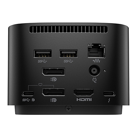 Rückseite einer schwarzen Dockingstation mit Anschlüssen: USB, HDMI, Ethernet und Stromanschluss.