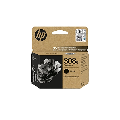 HP Tintenpatrone 308e Black. Verpackung in Braun mit HP Logo und Produktdetails. Enthält eine Abbildung einer Blüte.