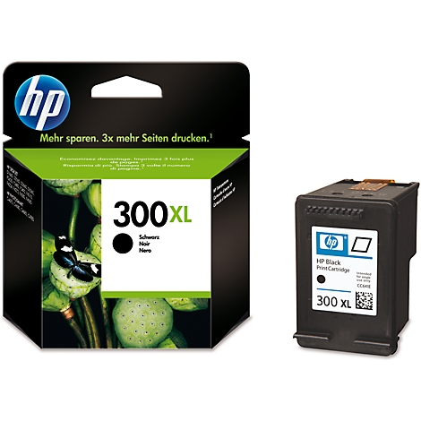 Schwarze HP 300XL Tintenpatrone neben der Verpackung. Auf der Verpackung steht "Mehr sparen. 3x mehr Seiten drucken."