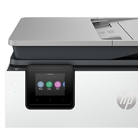 Nahaufnahme des HP-Druckerdisplays mit Menü-, Kopier- und Scan-Symbolen auf weißem Gehäuse.