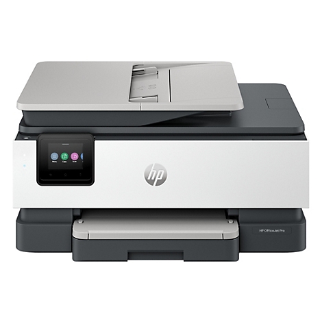 HP OfficeJet Pro Drucker in Weiß und Grau mit Touchscreen-Display vor neutralem Hintergrund.
