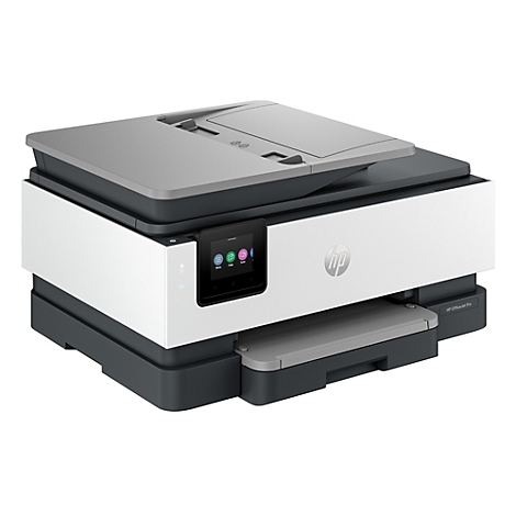 Kompakter, weiß-grauer HP Multifunktionsdrucker in Studioaufnahme vor weißem Hintergrund.