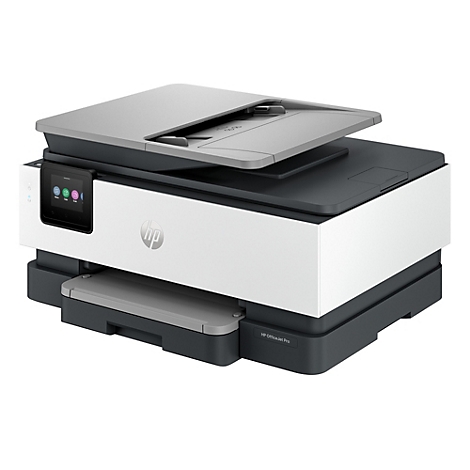HP OfficeJet Pro Multifunktionsdrucker in Weiß und Dunkelgrau vor neutralem Hintergrund.