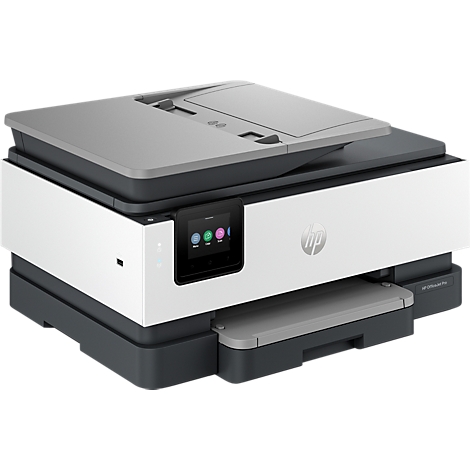 HP OfficeJet Pro Drucker in Weiß und Grau vor neutralem Hintergrund.