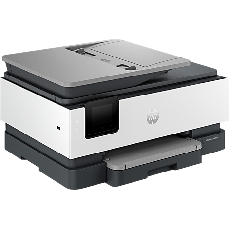 Kompakter, weiß-grauer HP OfficeJet Pro Drucker mit Touchscreen und Vorlageneinzug vor neutralem Hintergrund.
