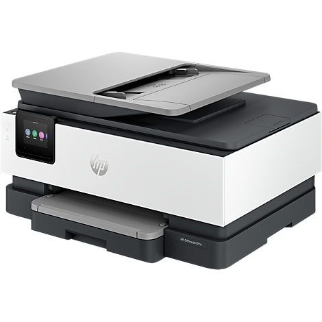 Weiß-grauer HP OfficeJet Pro Multifunktionsdrucker in Studioansicht.
