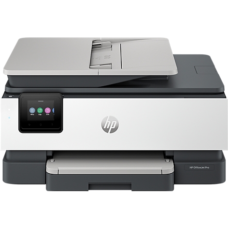 HP OfficeJet Pro Drucker mit weißer Front und dunklem Gehäuse, zentralem HP-Logo und Touchscreen.