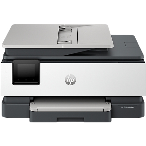 Weiß-grauer HP OfficeJet Pro Drucker in Frontalansicht vor neutralem Hintergrund.
