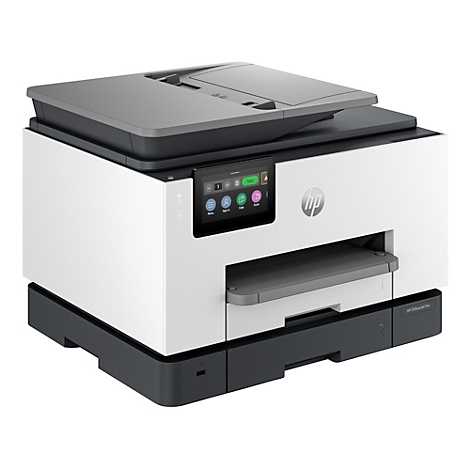 Ein weiß-schwarzer HP-Multifunktionsdrucker mit Touchscreen und angehobenem Deckel.