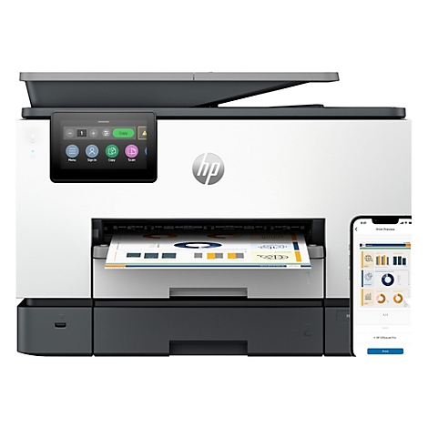 Weiß-schwarzer HP Drucker mit Touchscreen, Papierausdruck und Smartphone-Anbindung.