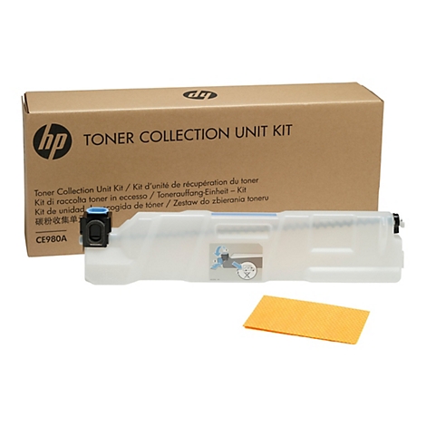 Ein HP Toner Collection Unit Kit. Es besteht aus einer braunen Pappschachtel und einer transparenten Kunststoff-Toner-Sammelbehälter mit schwarzem Verschluss und einem gelben Wischtuch.