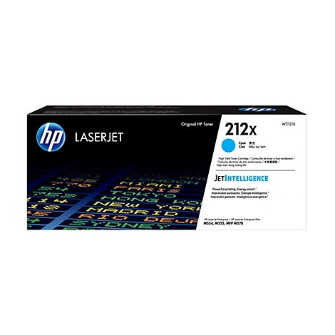 Une cartouche de toner HP LaserJet 212X bleue avec informations et logo du produit, sur fond d'affichage boursier.