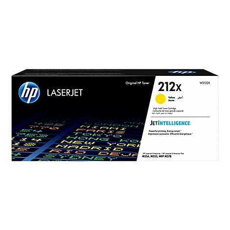 Une cartouche de toner laser HP 212X jaune, emballée. L'emballage indique 'Original HP Toner' et 'LASERJET'.