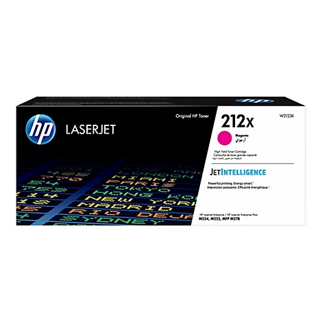 Une cartouche de toner HP Laserjet, 212x, magenta. Inscription : Toner HP d'origine. Le nom de la marque et le texte JetIntelligence sont affichés.