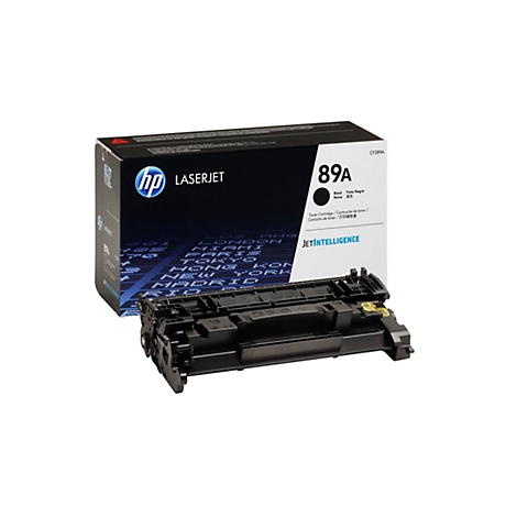 Une cartouche de toner HP 89A noire et son emballage sont côte à côte. L'emballage est principalement noir avec des accents bleus, avec le logo HP bien visible.
