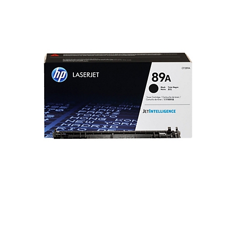 Une cartouche de toner HP Laserjet, 89A, noire. La boîte affiche la marque HP, les informations sur le produit et l'étiquette 'JETINTELLIGENCE'.