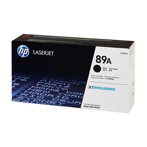 Une cartouche de toner HP LaserJet, encre noire, 89A. Les noms des produits et les logos sont visibles sur la boîte.