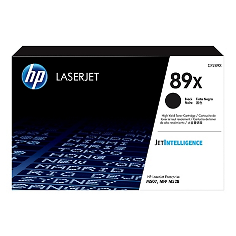 Cartouche de toner HP LaserJet 89x noire sur fond blanc. Avec un cercle noir et du texte détaillant la cartouche de toner.