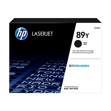 Cartouche de toner noire 89Y de HP LaserJet. Impressions : logo, Laserjet, JetIntelligence, Extra High Yield, Noir.