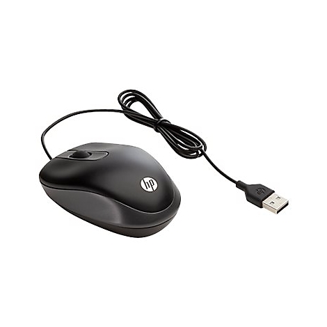 Schwarze HP-Maus mit Kabel, Scrollrad und USB-Stecker. HP-Logo auf der Oberfläche.
