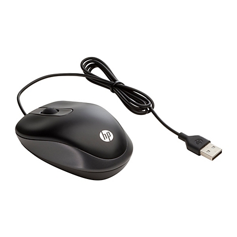 Schwarze HP-Maus mit Kabel und USB-Anschluss, Detailaufnahme.