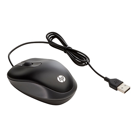 Schwarze HP-Maus mit Kabel, Scrollrad und USB-Anschluss. Auf der Maus ist das HP-Logo zu sehen.