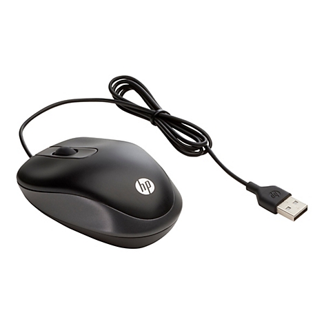 Schwarze HP-Maus mit Kabel und USB-Anschluss. Die Maus hat ein Scrollrad und das HP-Logo.