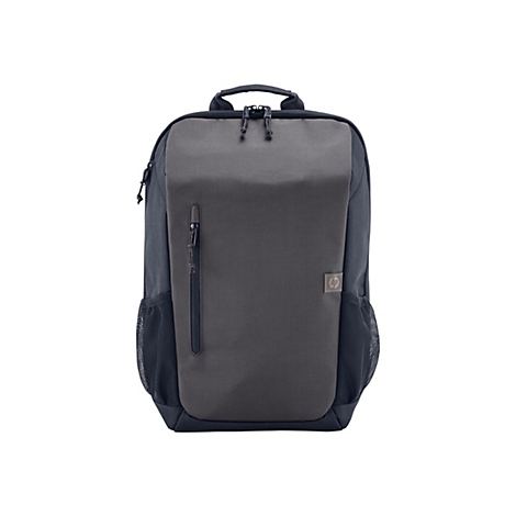 Dunkelgrauer Rucksack, vorn Reißverschluss, seitlich Netztaschen, HP-Logo.