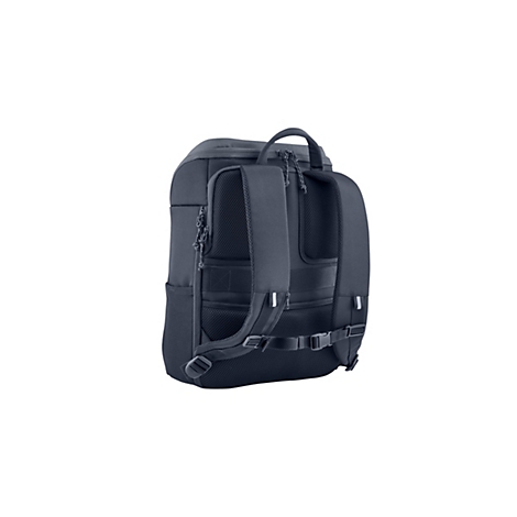 Dunkelblauer Rucksack vor weißem Hintergrund. Der Rucksack hat gepolsterte Gurte, mehrere Fächer und Schnallen.