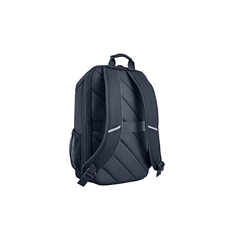 Dunkelblauer Rucksack vor weißem Hintergrund. Der Rücken und die Träger sind sichtbar.