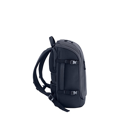 Schwarzer Rucksack in Seitenansicht vor weißem Hintergrund mit verstellbaren Gurten und gepolsterten Trägern.