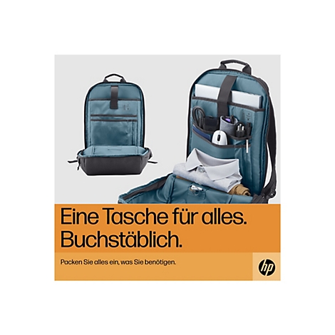 Ein schwarzer Rucksack, geöffnet, mit Laptop, Kleidung, und Zubehör. Text: Eine Tasche für alles. Buchstäblich. Packen Sie alles ein, was Sie benötigen.