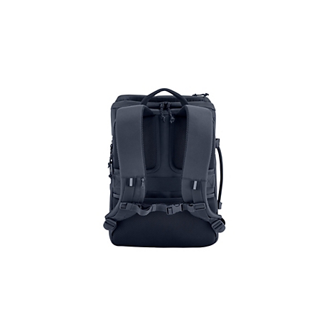 Rückseite eines schwarzen Rucksacks mit gepolsterten Tragegurten und Mesh-Polsterung auf weißem Hintergrund.