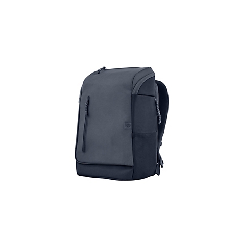 Dunkelgrauer HP-Rucksack mit Reißverschlusstasche und seitlichem Netzfach vor weißem Hintergrund.
