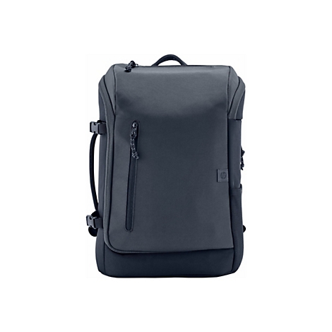 Dunkelgrauer Rucksack, vorne lange Reißverschlusstasche, schwarzer Griff oben, HP Logo.