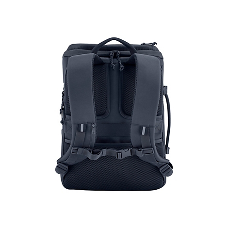 Dunkelblauer Rucksack von hinten. Gepolsterte Träger und Rücken. Reißverschlüsse und Schnallen.