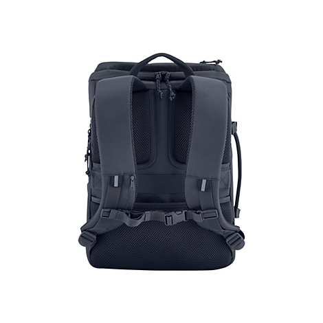 Dunkelblauer Rucksack, Rückseite, mit Trägern, Mesh-Einsätzen und Reißverschlüssen.