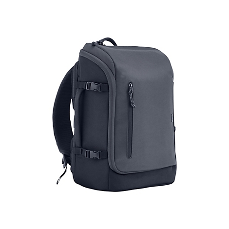 Ein dunkelblauer, rechteckiger Rucksack mit Reißverschluss und Trageriemen, vor weißem Hintergrund.