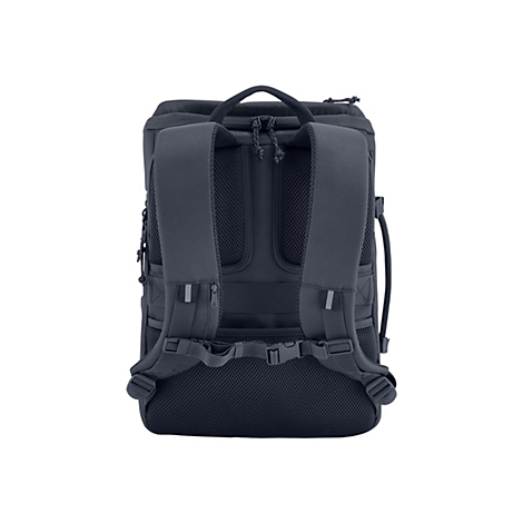 Dunkelblauer Rucksack von hinten. Gepolsterte Träger, Netzeinsätze am Rücken, Reißverschlüsse, Tragegriff.