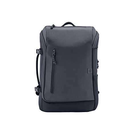 Dunkelgrauer Rucksack mit Reißverschlüssen, Griffen und dem HP-Logo.